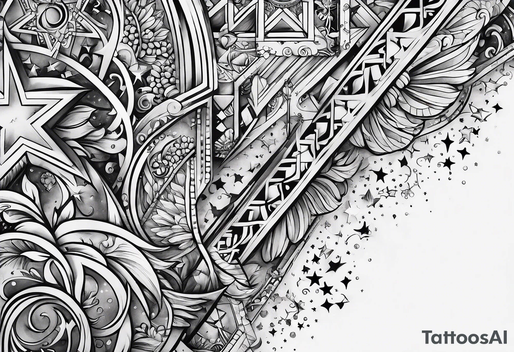 the letters tdm with different sized stars and cloads for shading tattoo idea