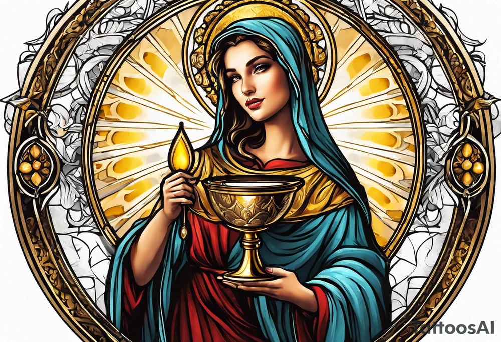 woman saint holding chalice surrounded by golden halo portrait tattoo idea