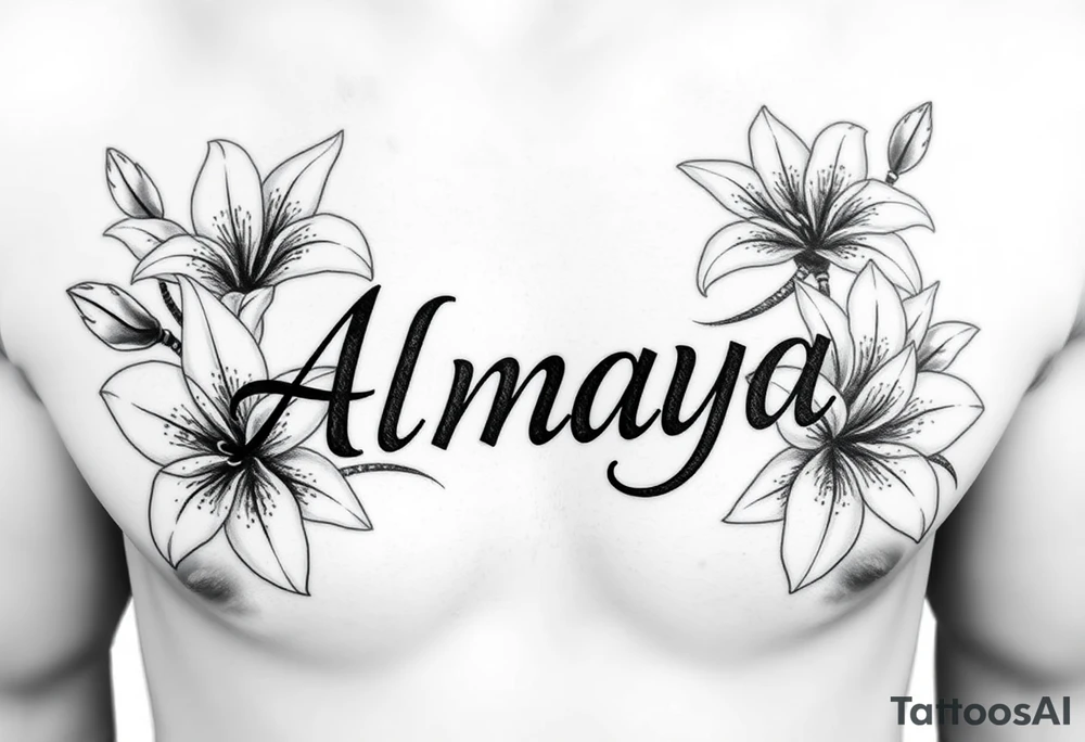 The name Almaya surrounded by Lilies. I want this on my ribs tattoo idea