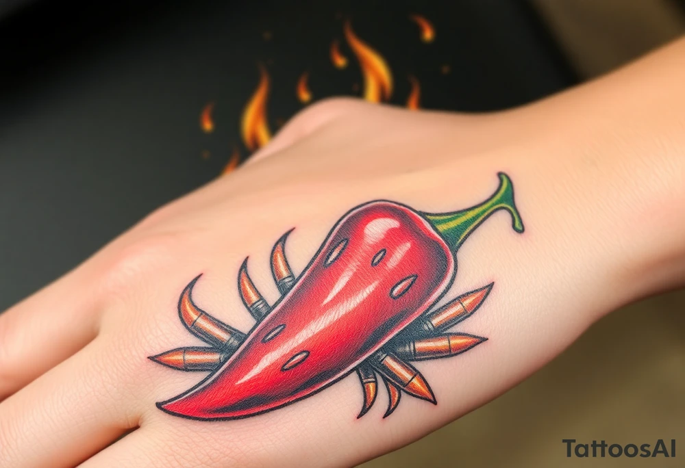 Chili pepper with flames and raining bullets in the background tattoo idea