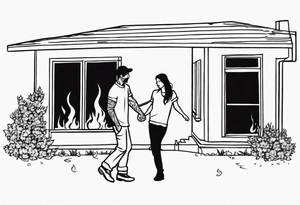 two people slow dancing in a burning room but the outside of the house is burning tattoo idea