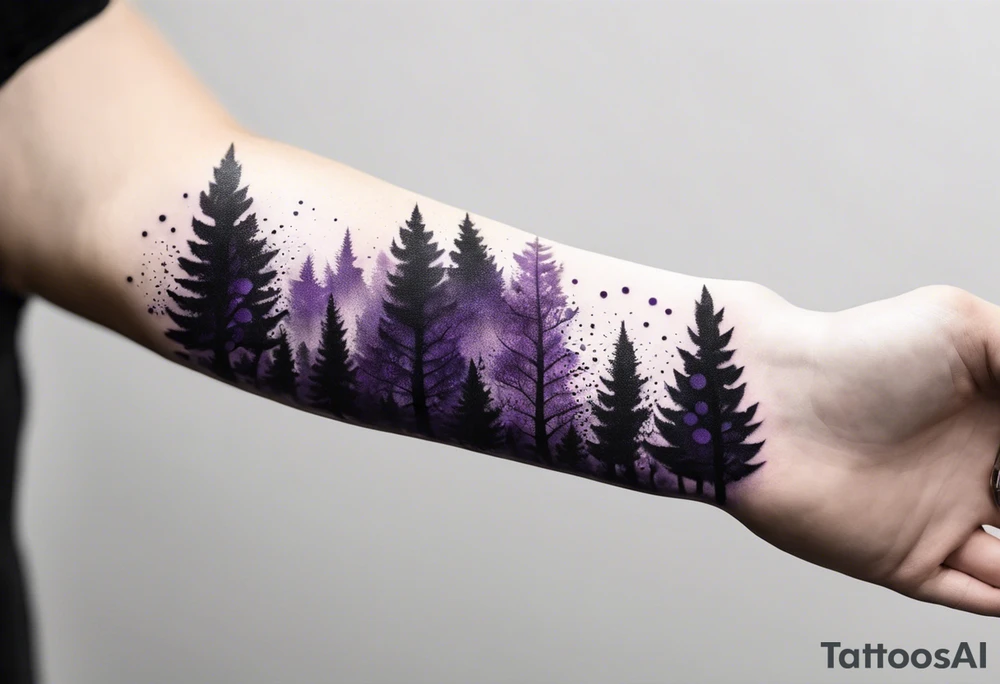 forest, abstract, on hand, no people, purple and black, full, whole wrist wrapped tattoo idea