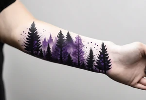 forest, abstract, on hand, no people, purple and black, full, whole wrist wrapped tattoo idea