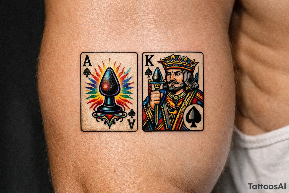 Two regal playing cards, Ace and King of Spades, butt plug replacing spades, vintage tattoo flash. tattoo idea
