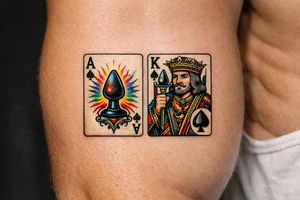 Two regal playing cards, Ace and King of Spades, butt plug replacing spades, vintage tattoo flash. tattoo idea
