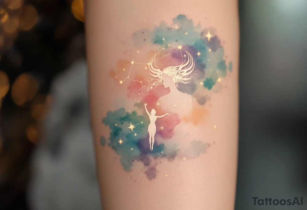 The Virgo stars constellation glow in soft gold across a watercolor pastel sky with a white silhouette of the Virgo goddess. tattoo idea