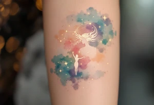 The Virgo stars constellation glow in soft gold across a watercolor pastel sky with a white silhouette of the Virgo goddess. tattoo idea