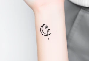 Small black and white tattoo waxing crescent moon with small Daisy birth flower AND tiny Leo gliph tattoo idea