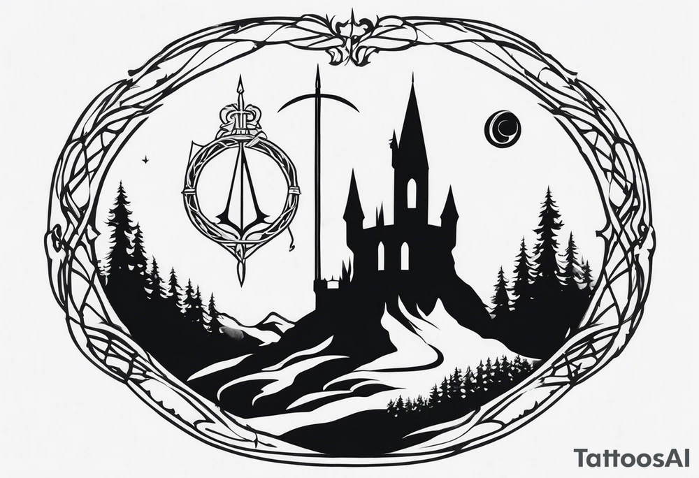 Lord of the rings with Harry Potter incorporated but clear visual of both movies. Small and minimal. Something like the deathly hallows symbol made out of swords and wizard staff from LOTR tattoo idea