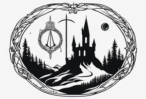 Lord of the rings with Harry Potter incorporated but clear visual of both movies. Small and minimal. Something like the deathly hallows symbol made out of swords and wizard staff from LOTR tattoo idea