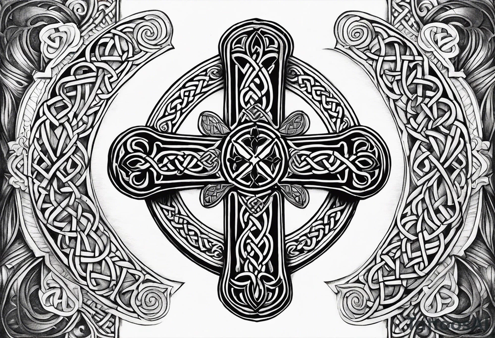 Celtic cross, shamrock in center, one Indian feather hanging from each side arm of cross tattoo idea