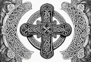 Celtic cross, shamrock in center, one Indian feather hanging from each side arm of cross tattoo idea