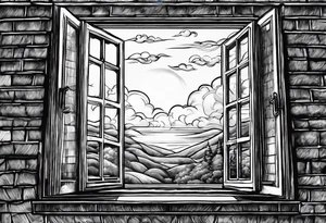 black and white hand drawn drawing showing an open window. In the background of the window there is nothing else, only vastness and clouds. tattoo idea