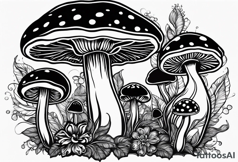Large Shaggy cap mushroom dripping ink off cap with 4 smaller mushrooms around it mandala henna black tattoo design tattoo idea