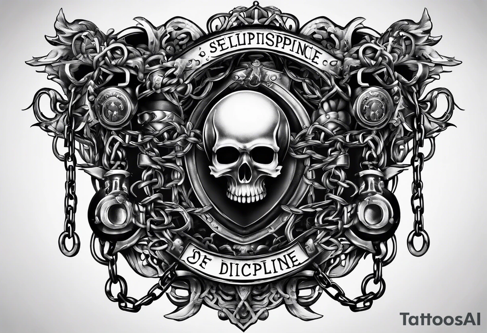 Tattoo of the word 'Self discipline' tied on both ends with metal chains and connected in the middle with a lock tattoo idea