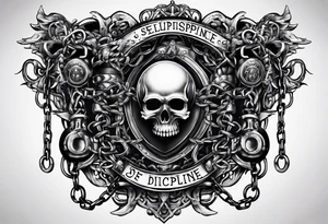 Tattoo of the word 'Self discipline' tied on both ends with metal chains and connected in the middle with a lock tattoo idea
