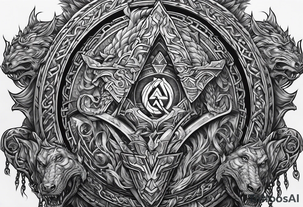 Valhalla sword round shield dragon axe Valknut steps fire chains tattoo idea Valhalla sword round shield dragon axe Valknut steps fire chains tattoo idea