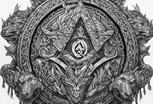 Valhalla sword round shield dragon axe Valknut steps fire chains tattoo idea
