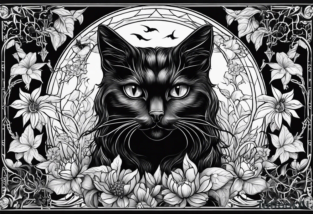 Ethereal witchy garden black cat spider black wudow tattoo idea