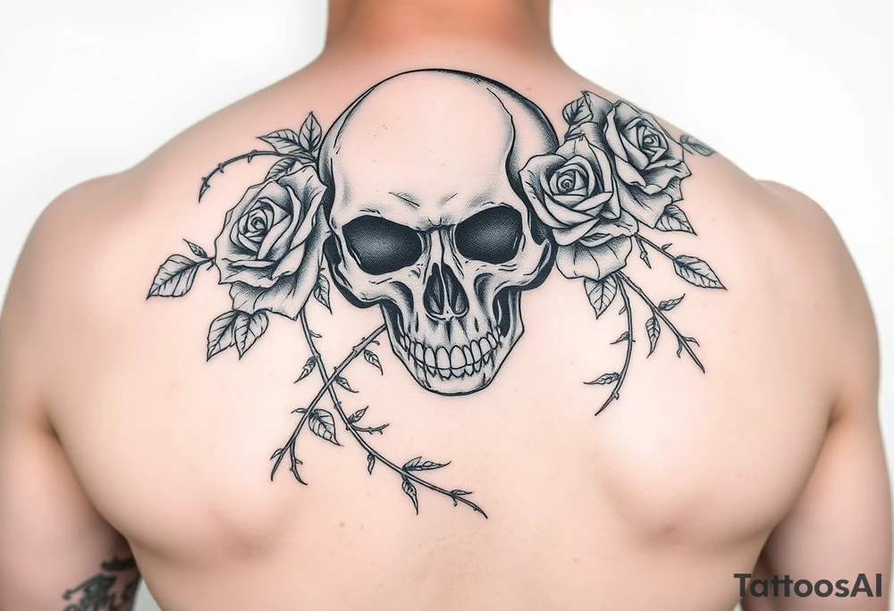 gothic skull intertwined with climbing roses and thorny vines tattoo idea