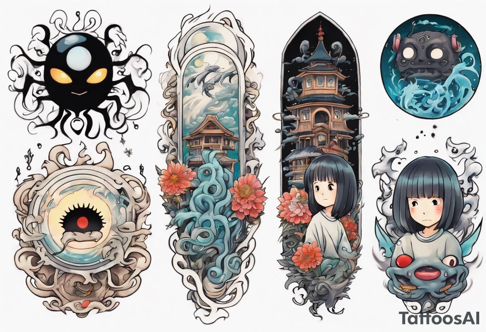 spirited away, chihiro, soot sprites, neotraditional style tattoo forearm tattoo idea