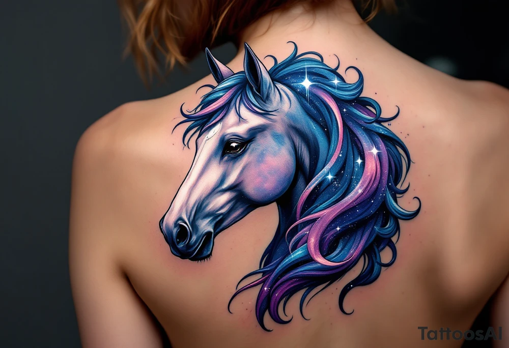 Cosmic Horse – A surreal horse head with subtle galaxy texture in its mane, using midnight blue, violet, and specks of white like distant stars. tattoo idea