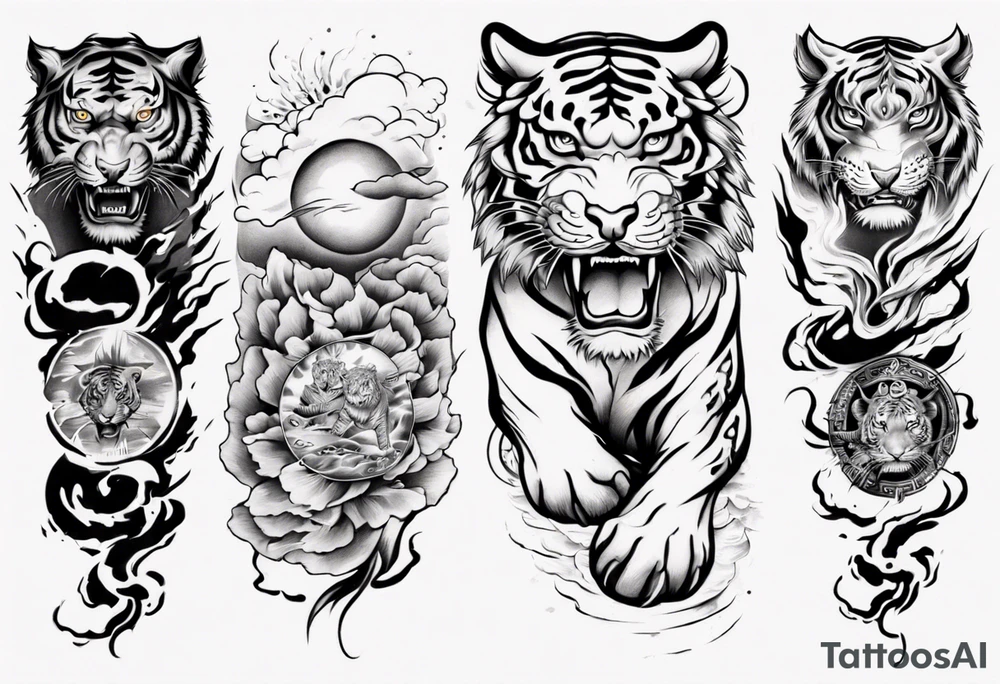 Tiger sleeve tattoo with lightning and the sun tattoo idea
