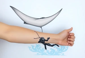 Manta ray silhouette above, scuba diver underneath, water background tattoo idea