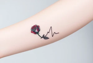 A continuous heartbeat line shaped like a rose, with the petals shaded in rich red and the stem in dark green. tattoo idea