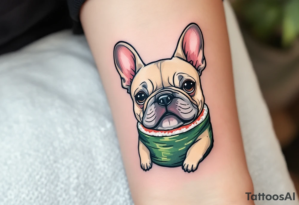 French Bulldog as a sushi roll, fun and whimsical, with beige fur and seaweed wrap drawn in black and green, cheeks tinted pink. tattoo idea