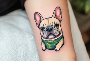 French Bulldog as a sushi roll, fun and whimsical, with beige fur and seaweed wrap drawn in black and green, cheeks tinted pink. tattoo idea
