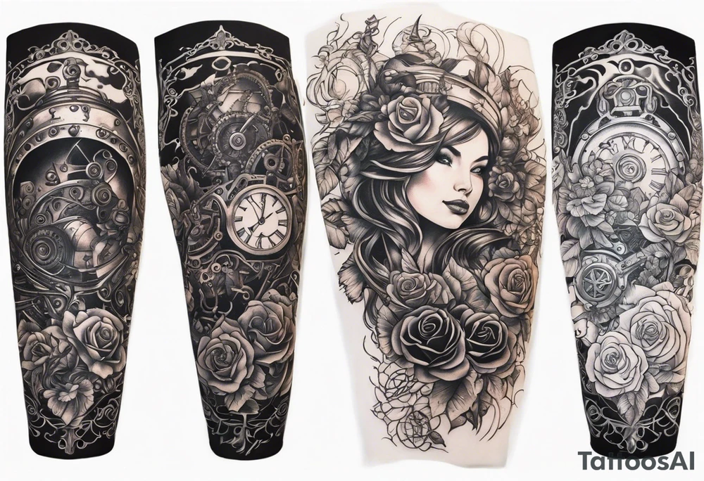 Sleeve with steampunk design with roses, warriors, mechanicals and fire tattoo idea