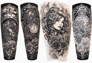 Sleeve with steampunk design with roses, warriors, mechanicals and fire tattoo idea