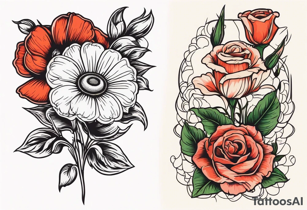 A vintage vertical design of a daisy and a rose with gladiolus flowers and poppies weaving through the daisy and rose tattoo idea
