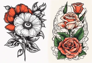 A vintage vertical design of a daisy and a rose with gladiolus flowers and poppies weaving through the daisy and rose tattoo idea
