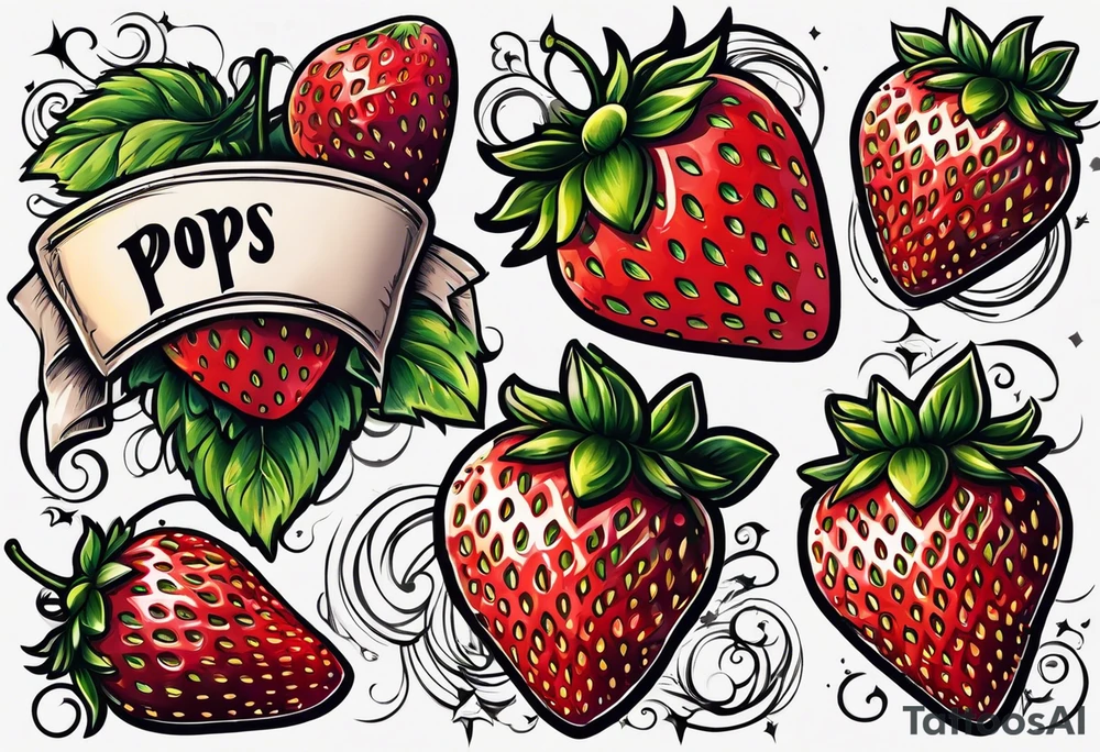 lonely strawberry wrapped in banner saying Pops tattoo idea