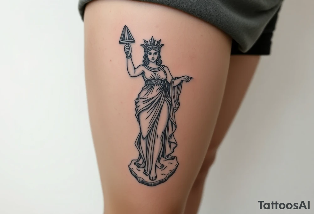 outer thigh tattoo greek sculpture athena, fine line tattoo idea