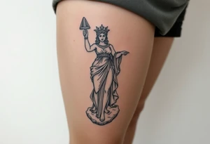 outer thigh tattoo greek sculpture athena, fine line tattoo idea