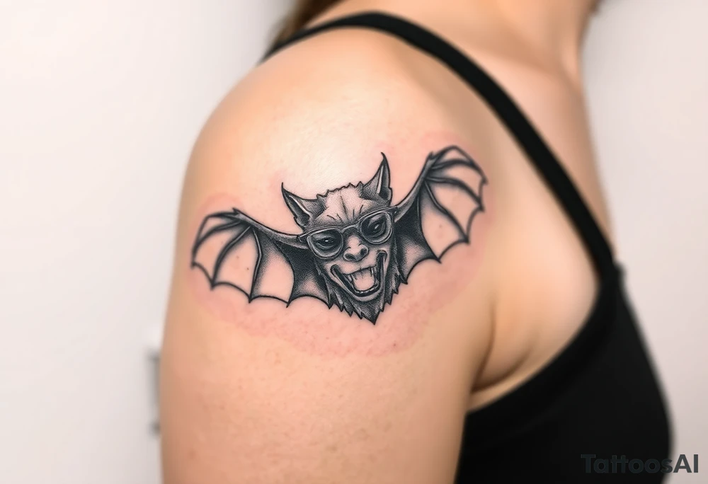Vampire bat wearing wire framed glasses tattoo idea