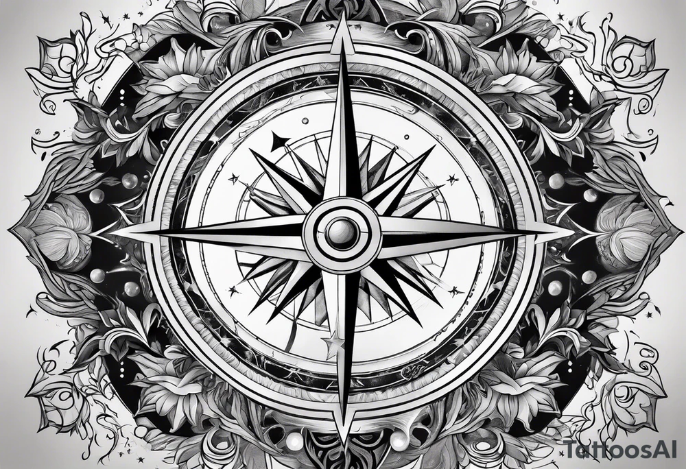 compass surrounded by stars and 
 ocean waves tattoo idea