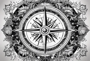 compass surrounded by stars and 
 ocean waves tattoo idea
