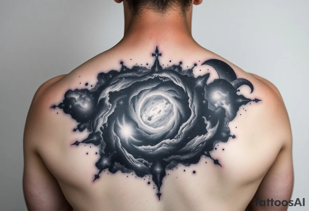 cover up tattoo of the galaxy that covers the upper portion of the back that is hyper realistic tattoo idea