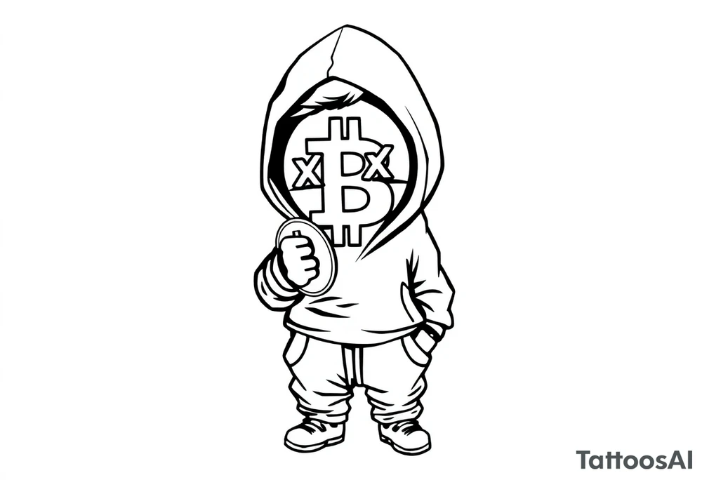 Create a custom tattoo stencil Use a street-art / pop-art vibe with a cartoon figure holding a bitcoin to cover his eyes have bold lines, “x” for eyes. make them have on a hoodie and jogger sweatpants tattoo idea