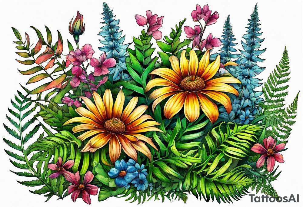 horizontal mixed wildflower with ferns and with color tattoo idea