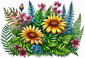 horizontal mixed wildflower with ferns and with color tattoo idea