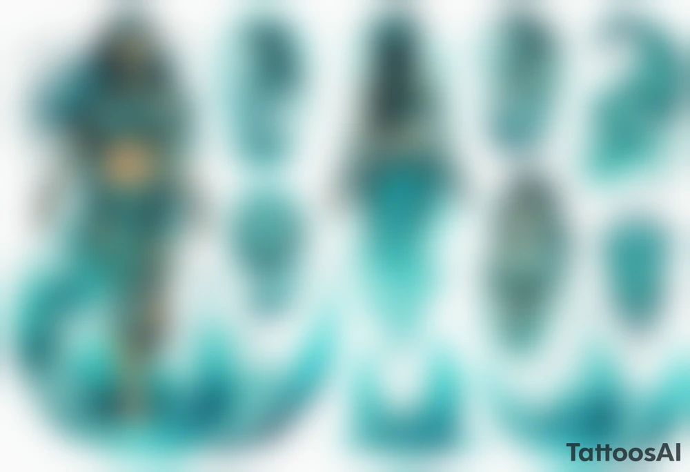 a turquoise Na'vi woman standing in the sea with water for legs surrounded by crashing waves tattoo idea