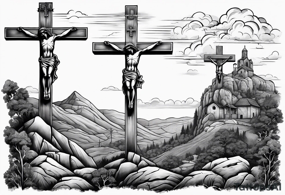 3 people crucified on a hill facing west tattoo idea