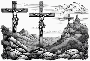 3 people crucified on a hill facing west tattoo idea