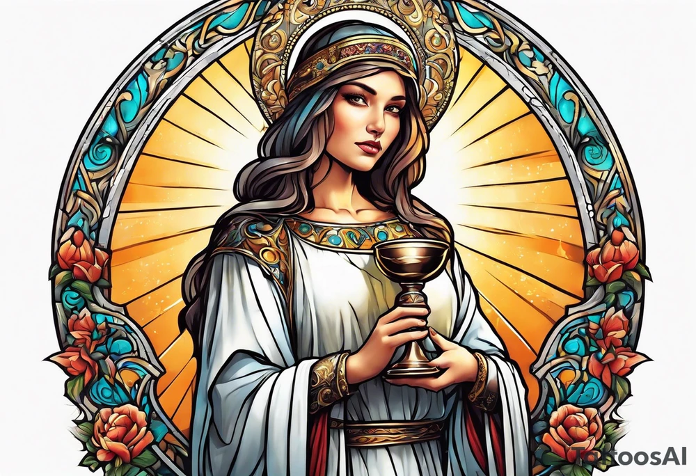holy saint woman with halo holding a chalice tattoo idea