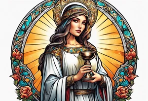 holy saint woman with halo holding a chalice tattoo idea